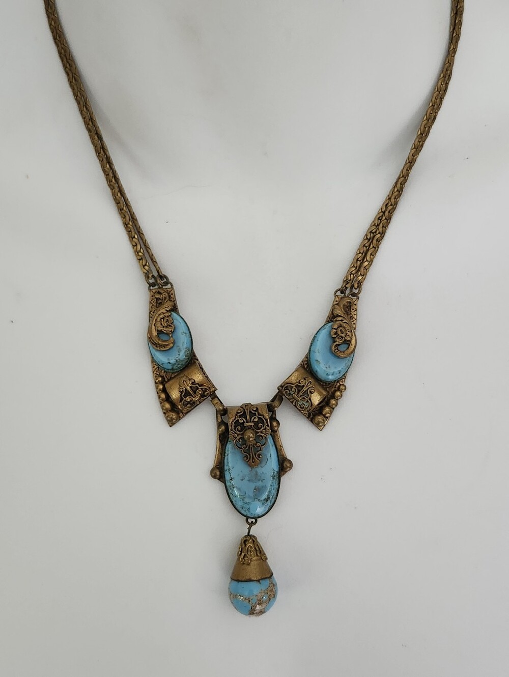 Art Deco Bronze Turquoise Stone Pendant Drop Necklace